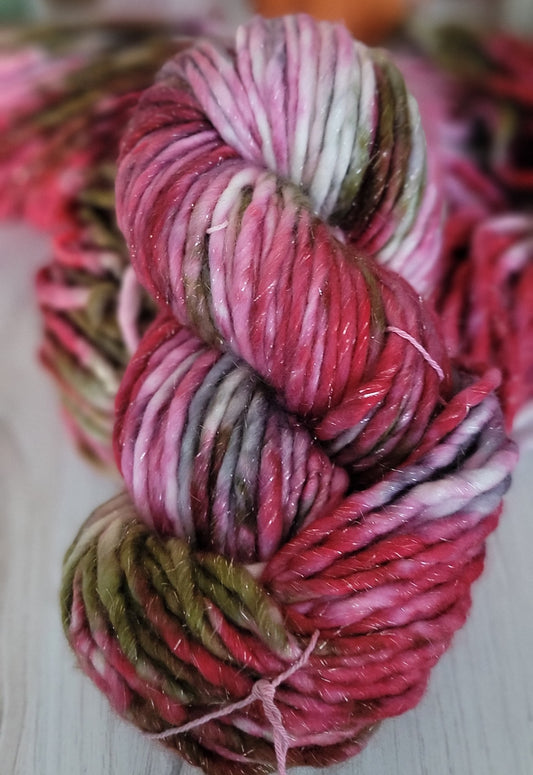 OOAK Pink Green Gray SUPER SHIMMER 130 Yard Super Bulky / Ready to Ship
